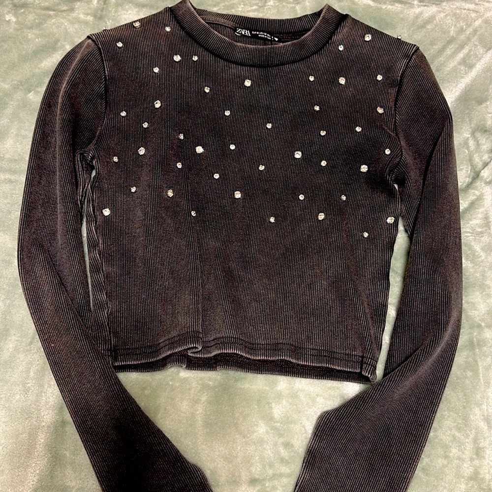 ZARA NWT Washed Black Jeweled 💎 Cropped Long Sleeve